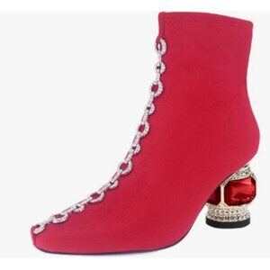 XYD Red Chain Link Square Toe Ankle Boots Low Chunky Crystal Gem Heel Short Boot